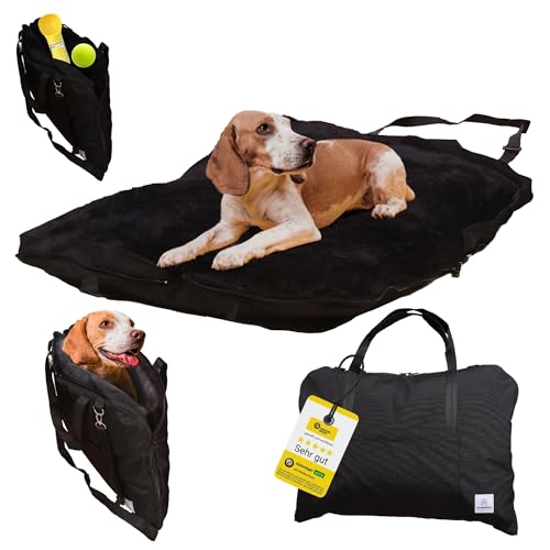 Wanderpfote Hundebett für Unterwegs – hochwertiges Orthopädisches Hundebett – praktische Tragetasche für Gepäck oder Tragehilfe Hund – Hundematte OekoTex und GSR Zertifiziert (Schwarz, M) von Wanderpfote