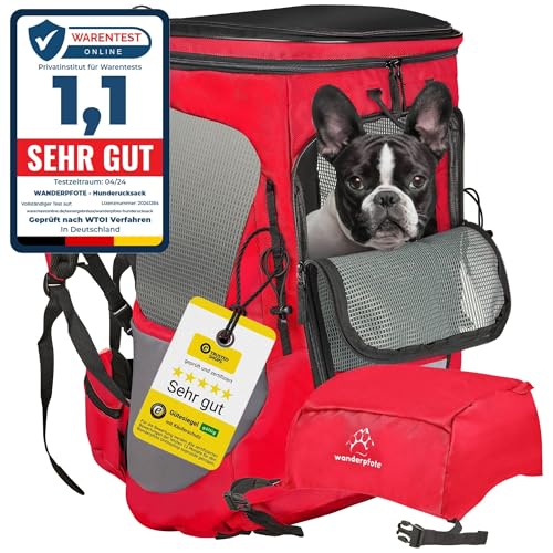Wanderpfote Trekking Hunderucksack bis 10kg zum Wandern - Größe M, Farbe Rot - Premium Rucksack mit Höhenverstellbarem Tragesystem und Stauraum für Gepäck - Hundetragetasche von Wanderpfote