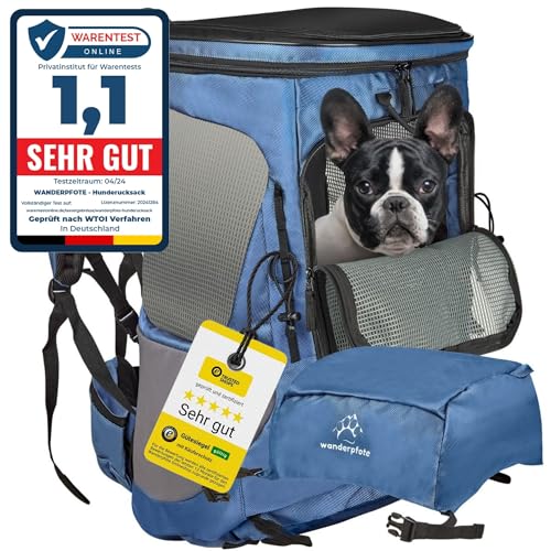 Wanderpfote Trekking Hunderucksack bis 10kg zum Wandern - Größe M, Farbe Blau - Premium Rucksack mit Höhenverstellbarem Tragesystem und Stauraum für Gepäck von Wanderpfote