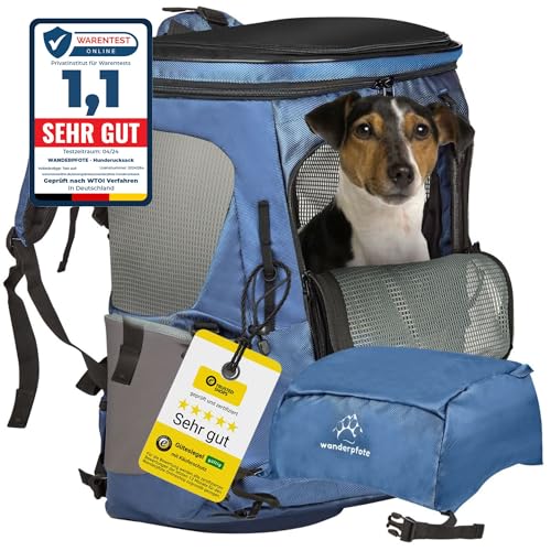 Wanderpfote Trekking Hunderucksack bis 5kg zum Wandern - Größe S, Farbe Blau - Premium Rucksack mit Höhenverstellbarem Tragesystem und Stauraum für Gepäck - Hundetragetasche von Wanderpfote