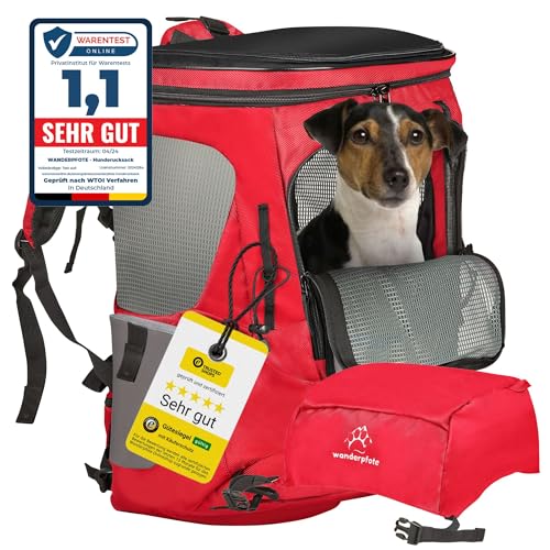 Wanderpfote Trekking Hunderucksack bis 5kg zum Wandern - Größe S, Farbe Rot - Premium Rucksack mit Höhenverstellbarem Tragesystem und Stauraum für Gepäck - Hundetragetasche von Wanderpfote
