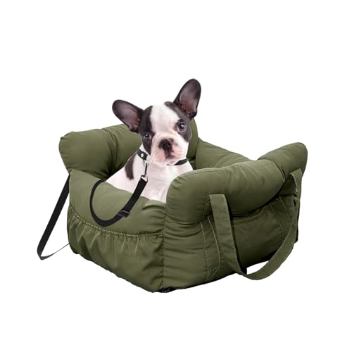 Wangda Autositz für kleine Hunde, bis zu 6,8 kg, Haustier-Reisebett mit Stauraum, Sicherheitsgurt, rutschfeste Unterseite für Autos (grün) von Wangda