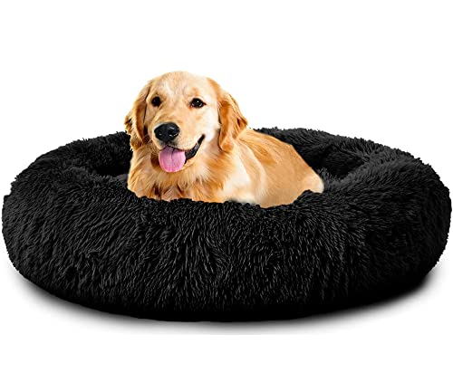 Donut Plüsch-Hundebett, waschbar, rutschfeste Unterseite, rund, flauschig, Plüsch, kuschelig, beruhigend, selbstwärmendes Kissen, Sofa für kleine, mittelgroße und große Hunde, 40 cm, Schwarz von Wangle
