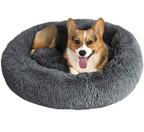 Donut Plüsch-Hundebett, waschbar, rutschfeste Unterseite, rund, flauschig, Plüsch, kuschelig, beruhigend, selbstwärmendes Kissen, Sofa für kleine, mittelgroße und große Hunde, 80 cm, Dunkelgrau von Wangle