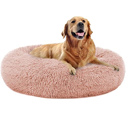 Donut Plüsch-Hundebett, waschbar, rutschfeste Unterseite, rund, flauschig, Plüsch, kuschelig, beruhigend, selbstwärmendes Kissen, Sofabett für kleine, mittelgroße und große Hunde, 120 cm, Rosa von Wangle