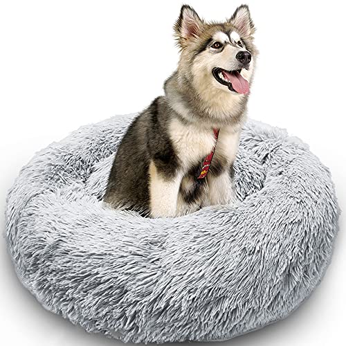 Plüsch-Hundebett, Donut-Haustierbett, rund, warm, kuschelig, Hundekissen, Schlafsack, für große und mittelgroße Hunde, verbesserter Schlaf, rutschfeste Unterseite, grau, 110 cm von Wangle