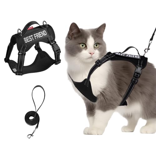 Wanheart Black Cat Taktisches Vorderzeug und Leine, Anti-Ausbruch, verstellbar, weiches Netz, Katzenleine und Brustpanzer, Set für alle Arten von Katzen, Westen, Schwarz, L, 5 - 7,5 kg von Wanheart