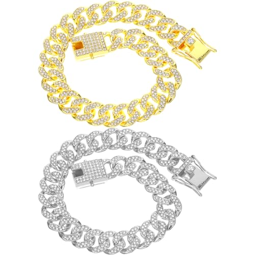 Wanmu 2 x Hundehalsband, silberfarbene Diamant-Hunde-Halskette, kubanische Glieder-Hundehalsband, Katzenkette, Haustier-Kristall-Halskette für kleine, mittelgroße und große Hunde Wanmu 2 x Hundehalsband, silberfarbene Diamant-Hunde-Halskette, kubanische Glieder-Hundehalsband, Katzenkette, Haustier-Kristall-Halskette für kleine, mittelgroße und große Hunde von Wanmu