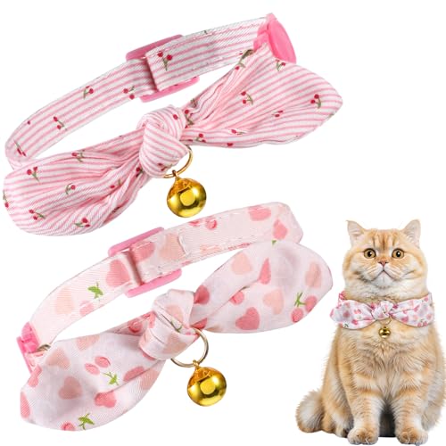 Wanmu 2 Stück Baumwoll Katzenhalsband mit Abnehmbarer handgebundener Fliege, Kätzchenhalsband Halsband Katze Verstellbar Kätzchenhalsbänder mit Glocke für Katzen von Wanmu