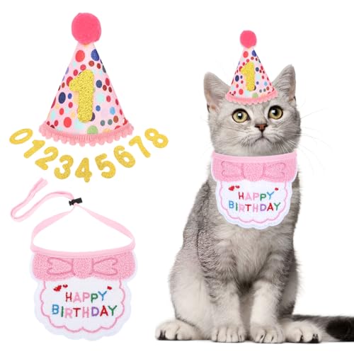 Wanmu Katzen-Geburtstags-Partybedarf, Katze Katzen Geburtstag Hut Bandana Mütze mit 8 Bling Nummern, Hunde Geburtstagslätzchen für Hundegeburtstagsparty, Welpenkatzenhaustier Deko (Rosa) von Wanmu