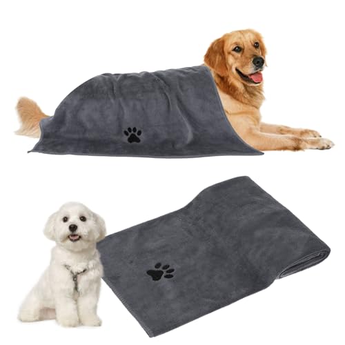 Wanmu Mikrofaser-Hundehandtücher, super saugfähig, 100 x 50 cm, weich bestickt, zum Trocknen von mittelgroßen oder kleinen Hunden, Katzen, Haustierdusche, Grau von Wanmu