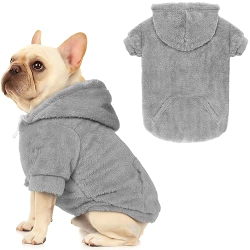 Hundepullover, Hunde-Kapuzenpullover für große Hunde, warmes flauschiges Fleece-Sweatshirt mit Kapuze und Tasche, Loch für die Leine, gemütlich, für mittelgroße und große Hunde (Grau, L) von Waoduld