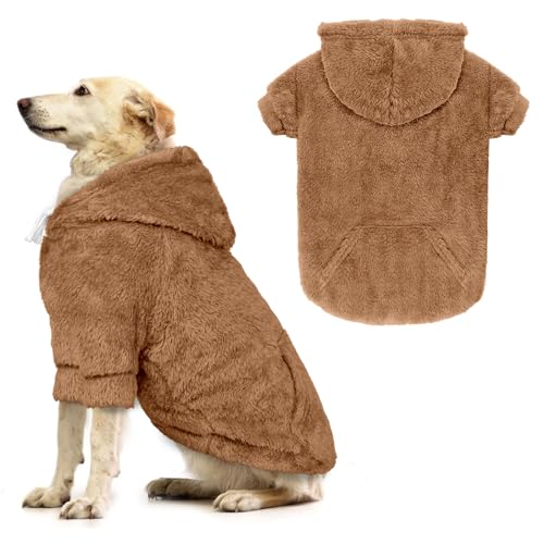 Hundepullover, Hunde-Kapuzenpullover für große Hunde, warmes flauschiges Fleece-Sweatshirt mit Kapuze und Tasche, Loch für die Leine, gemütlich, für mittelgroße und große Hunde (Kaffee, XL) von Waoduld