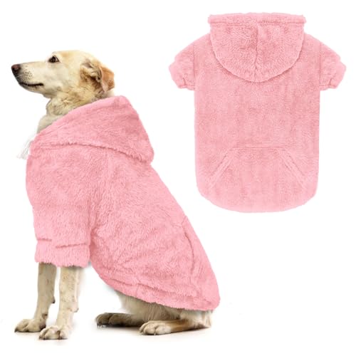 Hundepullover, Hunde-Kapuzenpullover für große Hunde, warmes flauschiges Fleece-Sweatshirt mit Kapuze und Tasche, Loch für die Leine, gemütlich, für mittelgroße und große Hunde (Rosa, L) von Waoduld