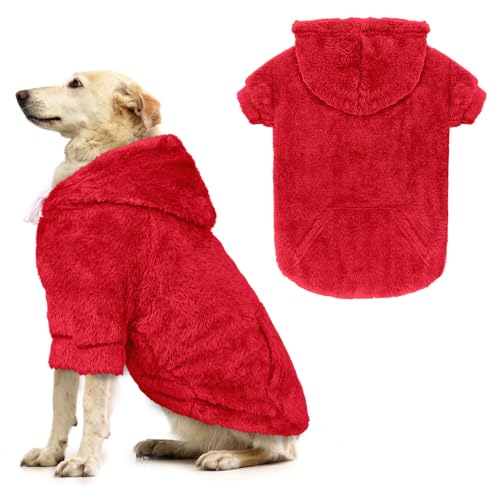 Hundepullover, Hunde-Kapuzenpullover für große Hunde, warmes flauschiges Fleece-Sweatshirt mit Kapuze und Tasche, Loch für die Leine, gemütlich, für mittelgroße und große Hunde (Rot, L) von Waoduld