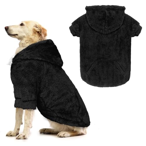 Hundepullover, Hunde-Kapuzenpullover für große Hunde, warmes flauschiges Fleece-Sweatshirt mit Kapuze und Tasche, Loch für die Leine, gemütlich, für mittelgroße und große Hunde (Schwarz, L) von Waoduld