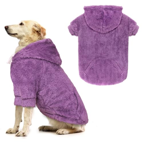 Hundepullover, Hunde-Kapuzenpullover für große Hunde, warmes flauschiges Fleece-Sweatshirt mit Kapuze und Tasche, Loch für die Leine, gemütlich, für mittelgroße und große Hunde (Violett, XL) von Waoduld