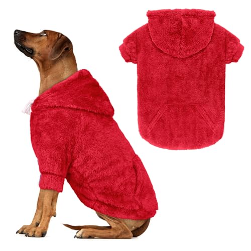Hundepullover für große Hunde, Hunde-Kapuzenpullover, warm, flauschiges Fleece, Sweatshirt mit Kapuze und Tasche, Loch für die Leine, gemütlich, für kaltes Wetter, für große Hunde (Rot, Größe 4XL) von Waoduld