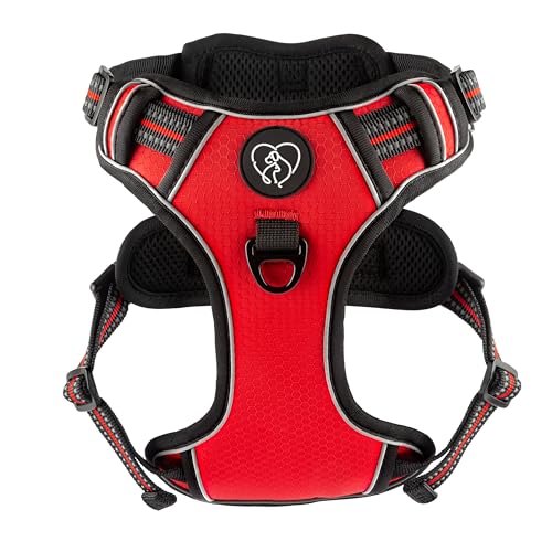 Hundegeschirr große Hunde, Anti Zug Brustgeschirr mit Leuchtstreifen - gepolstert, atmugnsaktiv, Individuell einstellbar - mit Griff, reflektierend, Rot (XL) von Warenhammer