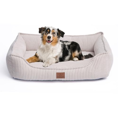 Orthopädisches Hundebett aus Cord, Waschbar, mit Wasserdichtem Innenbezug, für Große und Mittelgroße Hunde, Beige (M) von Warenhammer
