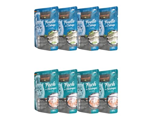 Leonardo Frischebeutel 8x85g | Katzenfutter | Nassfutter | Multi Bundle | Sparpaket | Pouch | Verschiedene Sorten (85g, 4X Forelle+Catnip, 4X Fisch+Shrimps) von Warnick´s Tierfutterservice