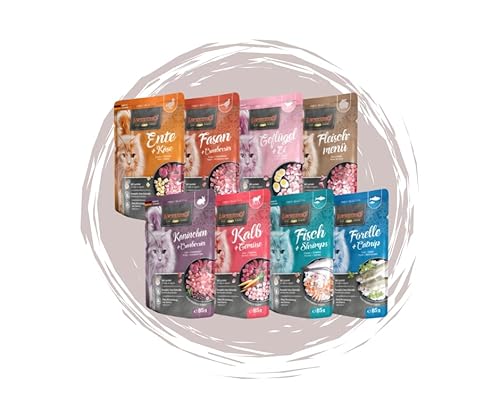 Leonardo Frischebeutel 8x85g | Katzenfutter | Nassfutter | Multi Bundle | Sparpaket | Pouch | Verschiedene Sorten (85g, Mix 1 (Ente, Fasan, Geflügel, Fleischmenü, Kaninchen, Kalb, Fisch, Forelle)) von Warnick´s Tierfutterservice