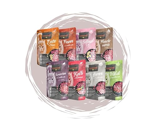 Leonardo Frischebeutel 8x85g | Katzenfutter | Nassfutter | Multi Bundle | Sparpaket | Pouch | Verschiedene Sorten (85g, Mix 2 Ente, Fasan, Geflügel, Fleischmenü, Kaninchen, Kalb, Lamm, Wild) von Warnick´s Tierfutterservice
