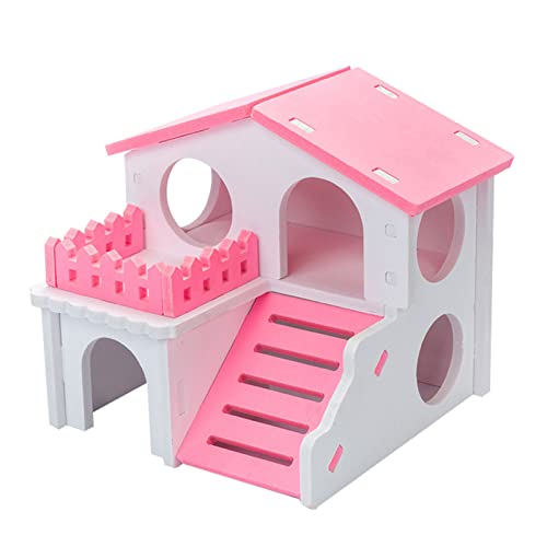 Washranp Hamsterhaus Doppelschichten Holz Spielspielzeug Hamster Versteck Zubehör Spielzeug für Meerschweinchen Maus Nest Haus Spielzeug Rosa von Washranp