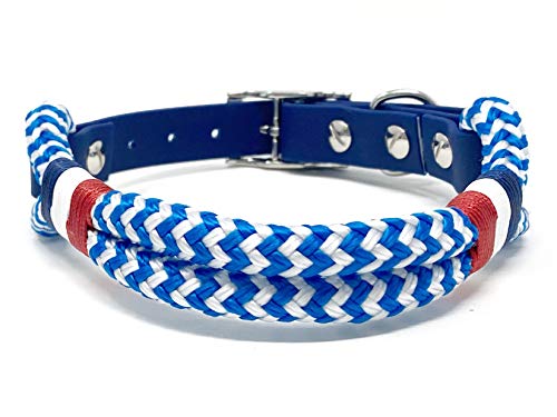 Wau-Effekt Tauhalsband für Hunde - 100% Handarbeit - Halsband - Halsung aus robustem Segeltau mit Biothaneverschluss (L, Blau/Weiß - Blau Weiß Rot) von Wau-Effekt