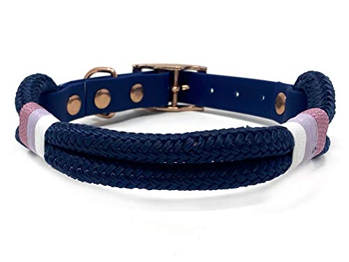 Wau-Effekt Tauhalsband für Hunde - 100% Handarbeit - Halsband - Halsung aus robustem Segeltau mit Biothaneverschluss (L, Dunkelblau - Weiß Rosa Grau) von Wau-Effekt
