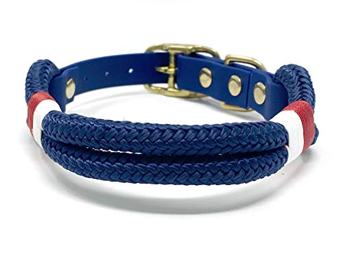 Wau-Effekt Tauhalsband für Hunde - 100% Handarbeit - Halsband - Halsung aus robustem Segeltau mit Biothaneverschluss (L, Dunkelblau - Weiß Rot) von Wau-Effekt