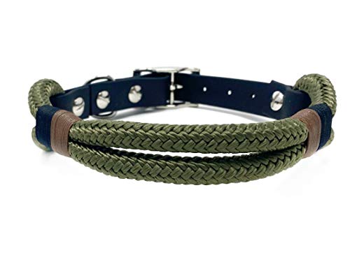 Wau-Effekt Tauhalsband für Hunde - 100% Handarbeit - Halsband - Halsung aus robustem Segeltau mit Biothaneverschluss (M, Grün - Dunkelblau Braun) von Wau-Effekt
