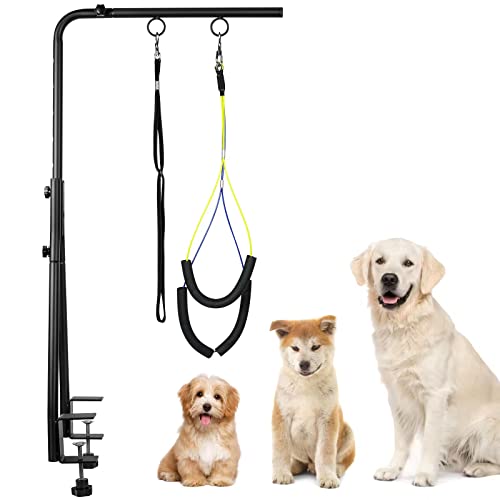 WeGXY Hundepflegearm mit Doppelklemme - Höhenverstellbar (49-74 cm) Hundezubehör für Hunde - inkl. Schlaufe & Nicht Sitzenden Haunch-Halter - für Baden, Föhnen, Fellpflege & Krallenpflege bei Hunden von WeGXY