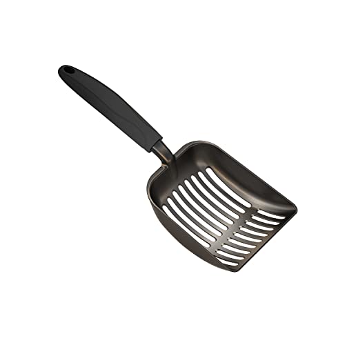 WePet Katzenstreu-Schaufel aus Aluminium – Antihaft-Sieb mit langem Stiel – Robuste Metall-Schaufel für Katzenklo, Tiefe Form,Größe M, beschichteter schwarzer Körpe mit schwarzem Griff von WePet