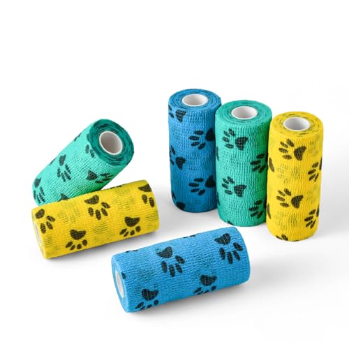 WePet Pet Wrap Selbstklebend Haftet NUR AN SELBST, Vliesband für Hundebeine, Pfoten, Wunden, Erste Hilfe Kohäsive Gaze für Pferd, Katze, Vogel, Tier, 6 Rollen, 4 Zoll, Pfotenabdrücke A von WePet