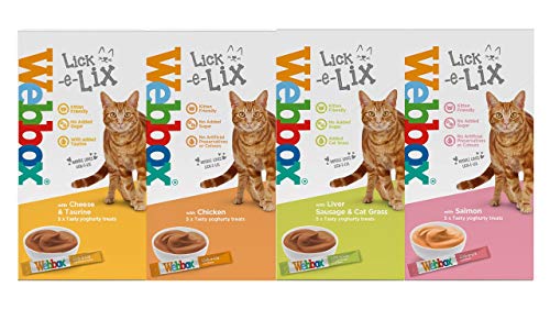 Webbox Lick-e-lix Katzenfutter Joghurt Variety Pack (1 x Lachs, 1 x Huhn, 1 x Leberwurst, 1 x Käse & Taurin) von Webbox