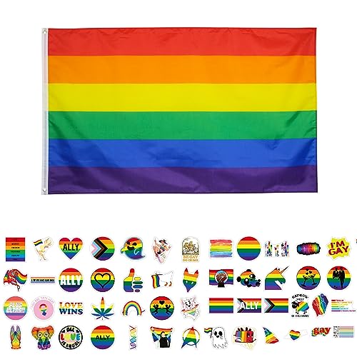 WeddHuis LGBTQ Flagge Pride Flag Sticker Set, Regenbogen Flagge 150x90 cm+60 Stück LGBTQ Sticker, Progress Pride Flagge, Lesbian Flag, Gay Flag,Regenbogenfahne, Regenbogenflagge mit 2 Messingösen von WeddHuis