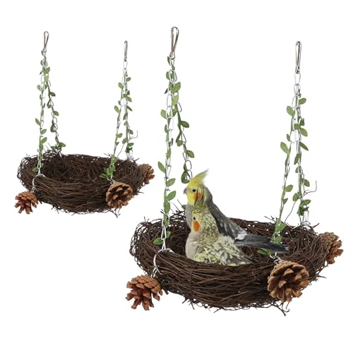 Weddflower Bird Nest Swing Bett Spielzeug 2pcs Natural Rattan Nest Papagei Käfig Hängematte Hängemattenständer für Sittich Cockatiel Cockatoo von Weddflower