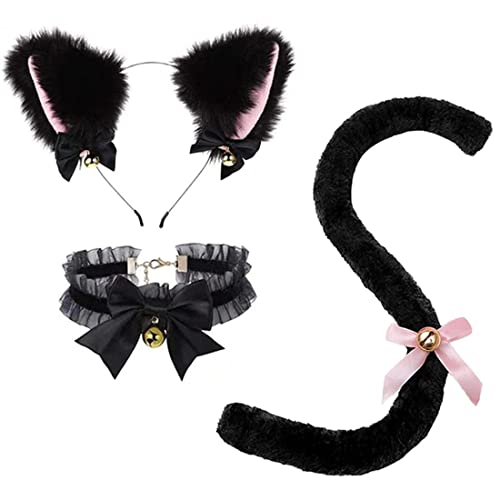 Wedhapy Cat Cosplay -Kostüm für Mädchen 3PCS/Set Spitzen -Bogenknotenverstellbarer Kettenhöcher mit Bellplüsch süßes Stirnband und Schwanz für Halloween -Kleid von Wedhapy