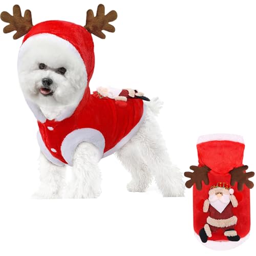 Wedhapy Hunde Rentier Kostüm Haustier Weihnachtskleidung mit Geweih Kapuze niedlich Santa Katze Hund Weihnachtssoutfit Flanell Thermal Winter Herbst Haustier Weihnachtskostüm Größe L von Wedhapy