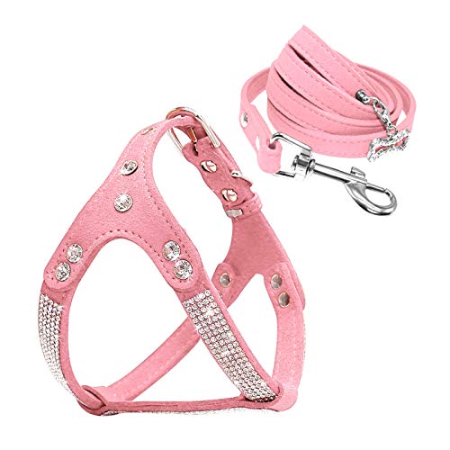 Hundegeschirr aus Leder und Leine Set Strass Welpen Weste mit Kristallknochen-Anhänger für Small Medium Haustiere Rosa von Weeksu