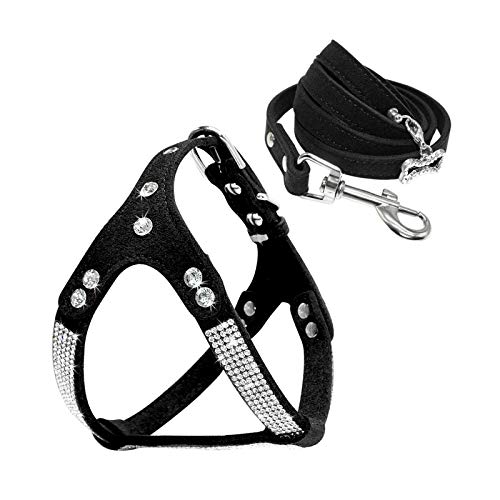 Hundegeschirr aus Leder und Leine Set Strass Welpen Weste mit Kristallknochen-Anhänger für Small Medium Haustiere Schwarz Hundegeschirr aus Leder und Leine Set Strass Welpen Weste mit Kristallknochen-Anhänger für Small Medium Haustiere Schwarz von Weeksu