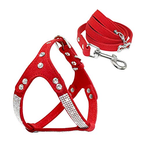 Hundegeschirr aus Leder und Leine Set Strass Welpen Weste mit Kristallknochen-Anhänger für Small Medium Haustiere rot von Weeksu