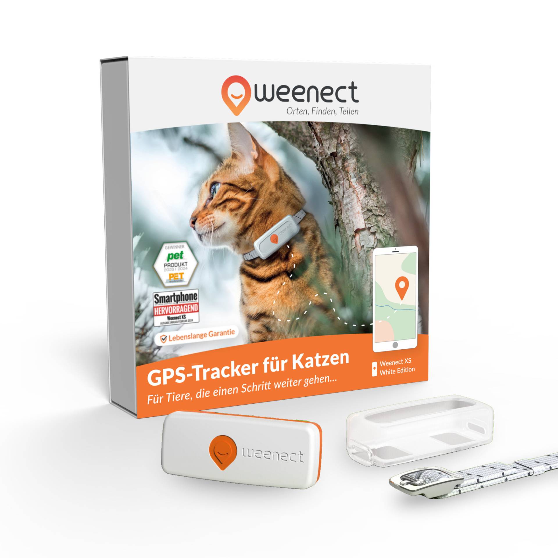 Weenect Haustier GPS Tracker XS für Katzen - inklusive Halsband - weiß inkl. weißem Halsband von Weenect