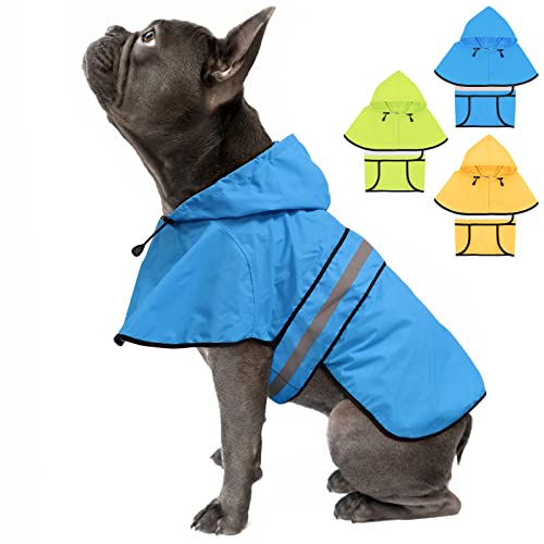Weesiber Hunde-Regenmantel, wasserdichte Hunderegenjacke mit Loch für die Leine, reflektierende Welpen-Regenbekleidung mit Kapuze, Haustier-Poncho zum Spazierengehen (Größe S, Blau) von Weesiber