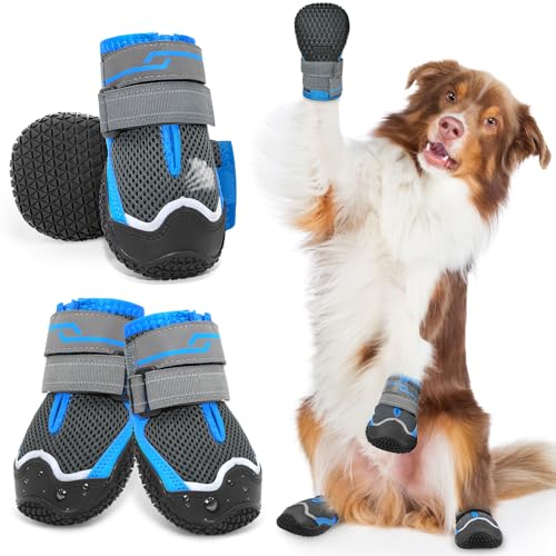 Weesiber Hundeschuhe Pfotenschutz, 4 Stück atmungsaktive Hunde Schuhe mit Rutschfester Sohle und reflektierendem Klettverschluss, Outdoor rutschfeste Hundestiefel für kleine Hunde (Grau, Größe 2) von Weesiber