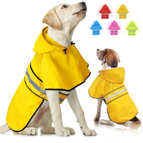 Weesiber Reflektierender wasserdichter Hunde-Regenmantel – verstellbare Haustierjacke, leichter Hunde-Poncho mit Kapuze für kleine bis sehr große Hunde und Welpen (S, Gelb) von Weesiber