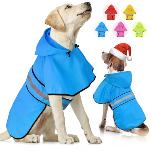 Weesiber Reflektierender wasserdichter Hunde-Regenmantel – verstellbare Haustierjacke, leichter Hunde-Slicker-Poncho mit Kapuze für kleine bis sehr große Hunde und Welpen (L, Blau) von Weesiber