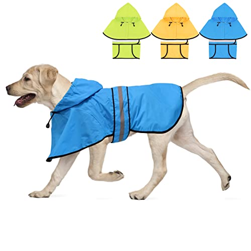 Weesiber Wasserdichter Verstellbarer Hunde-Regenmantel - Reflektierende Hunderegenjacke mit Hoodie, Leichter Hunde-Regenmantel Hundeponcho Zupfer für Kleine Mittlere und Große Hunde (Blau, Groß) von Weesiber