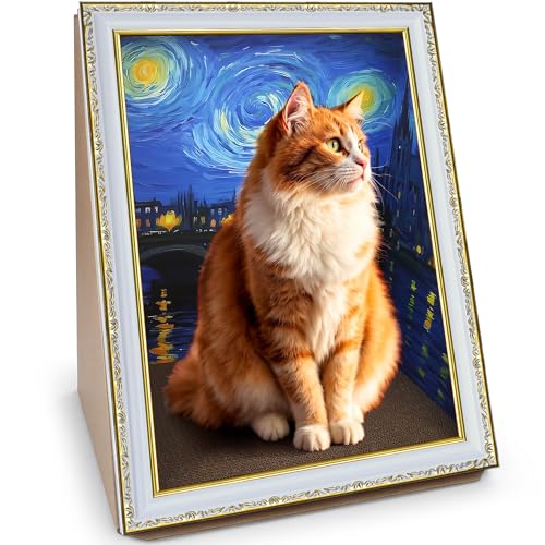 Weetiee Katzenkratzer aus Karton, [Van Gogh Inspiration] Ölgemälde Katzenkratzbrett mit Rahmen, Recyceltes Katzenkratzpad für Indoor-Katzen, Katzenbett mit Vintage-Kunstbild, Sternennacht von Weetiee